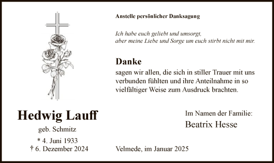 Traueranzeige von Hedwig Lauff von WA