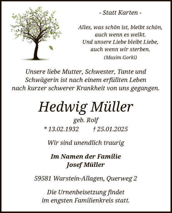 Traueranzeige von Hedwig Müller von WA
