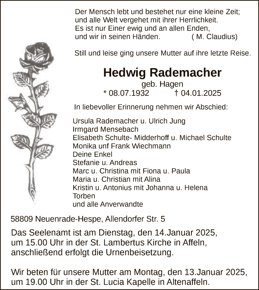  Traueranzeige für Hedwig Rademacher vom 11.01.2025 aus WA