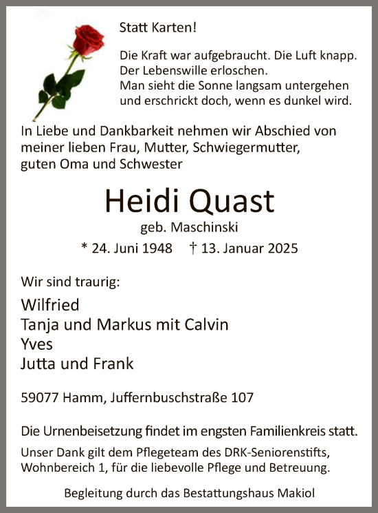 Traueranzeige von Heidi Quast von WA