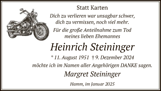 Traueranzeige von Heinrich Steininger von WA