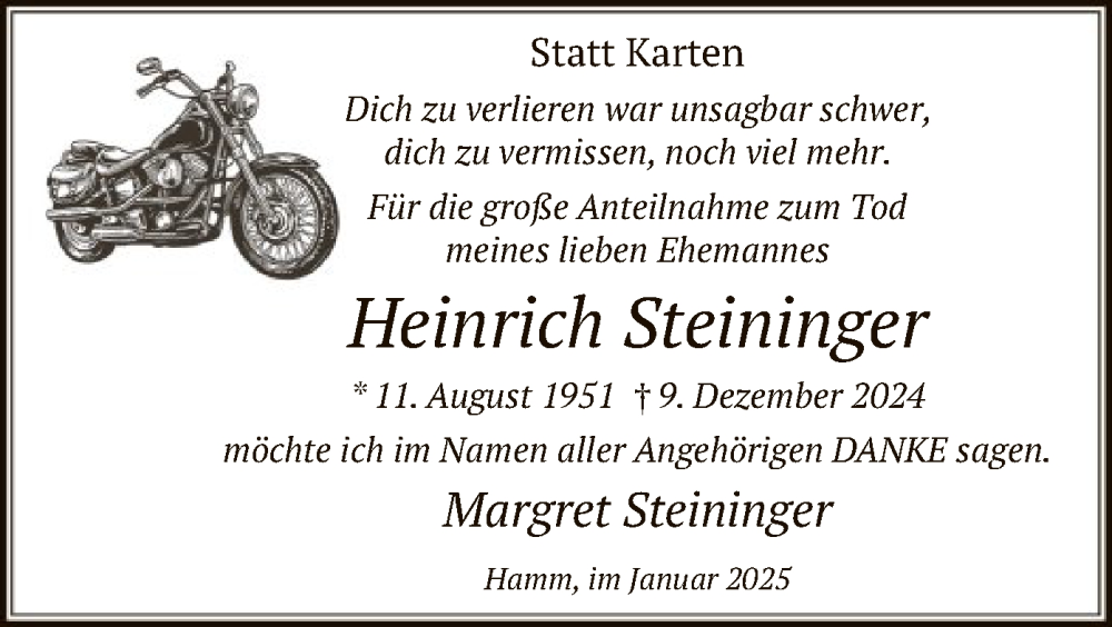  Traueranzeige für Heinrich Steininger vom 18.01.2025 aus WA
