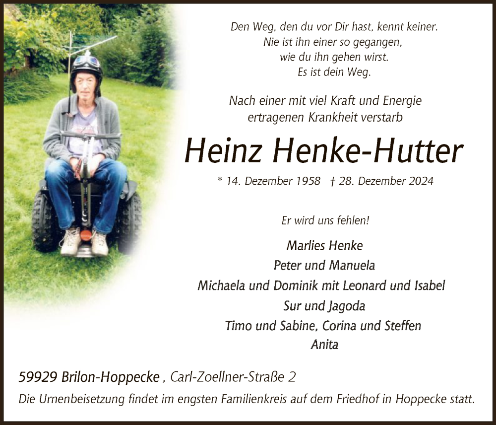  Traueranzeige für Heinz Henke-Hutter vom 04.01.2025 aus WA
