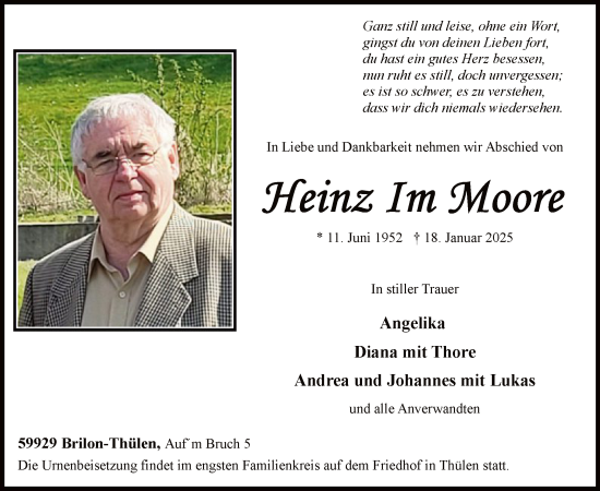 Traueranzeige von Heinz Im Moore von WA