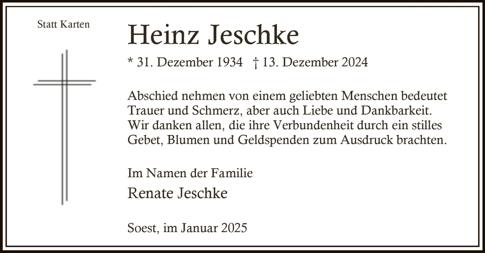  Traueranzeige für Heinz Jeschke vom 11.01.2025 aus WA