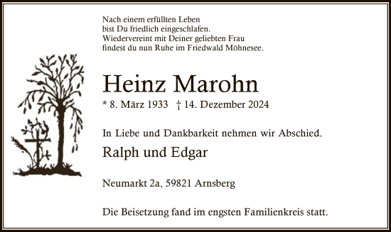 Traueranzeige von Heinz Marohn von WA