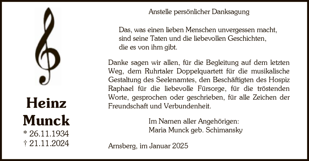  Traueranzeige für Heinz Munck vom 25.01.2025 aus WA