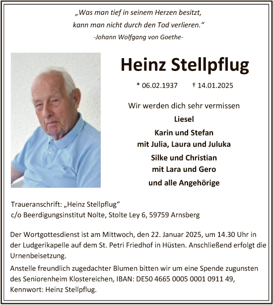Traueranzeige von Heinz Stellpflug von WA