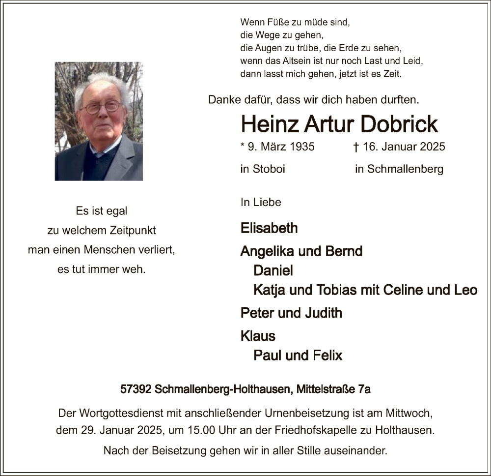  Traueranzeige für Heinz Artur Dobrick vom 25.01.2025 aus WA