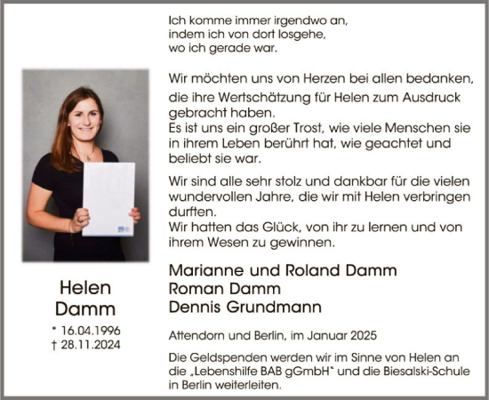 Traueranzeige von Helen Damm von WA