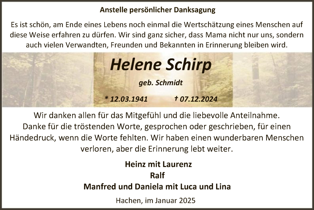  Traueranzeige für Helene Schirp vom 18.01.2025 aus WA