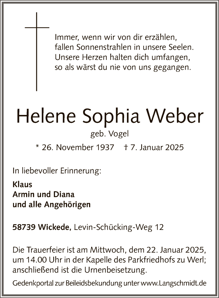  Traueranzeige für Helene Sophia Weber vom 14.01.2025 aus WA