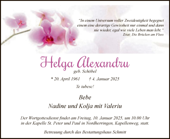 Traueranzeige von Helga Alexandru von WA