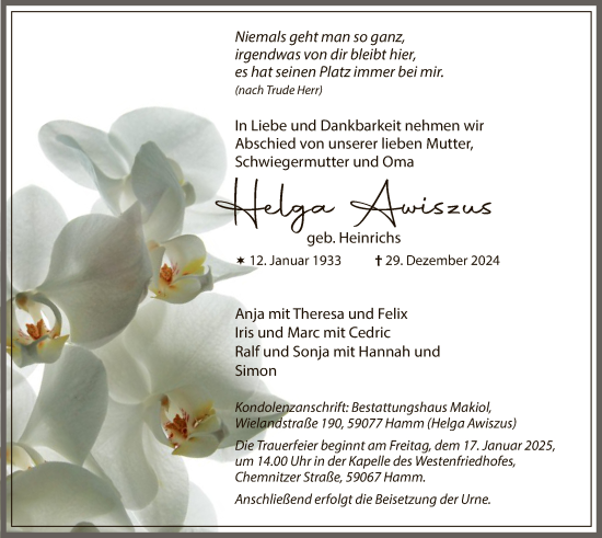 Traueranzeige von Helga Awiszus von WA