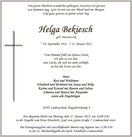 Traueranzeige von Helga Bekiesch von WA