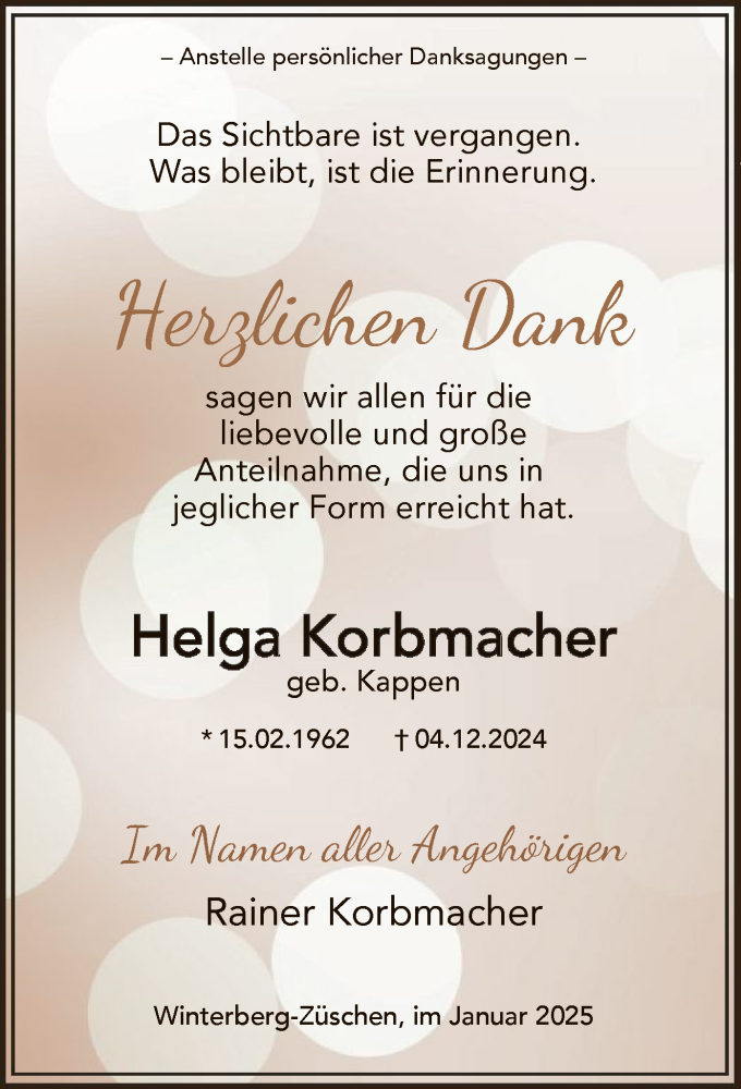  Traueranzeige für Helga Korbmacher vom 11.01.2025 aus WA