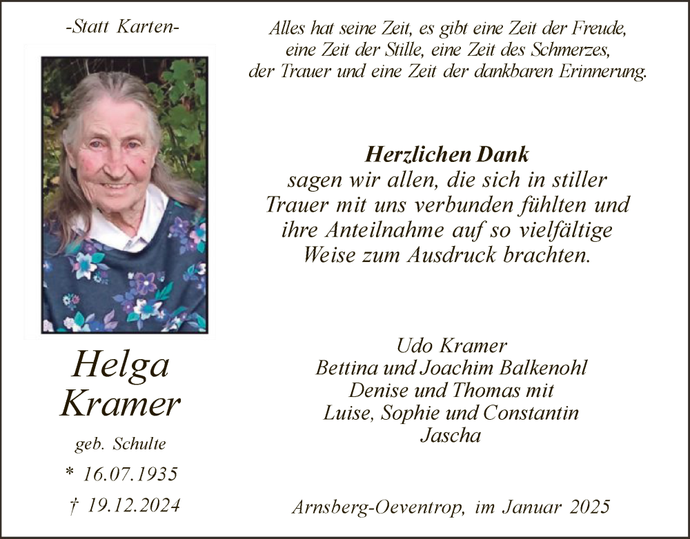  Traueranzeige für Helga Kramer vom 25.01.2025 aus WA