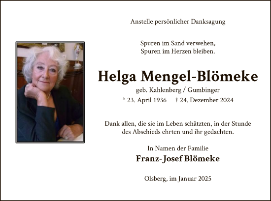 Traueranzeige von Helga Mengel-Blömeke von WA
