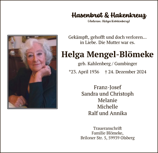 Traueranzeige von Helga Mengel-Blömeke von WA