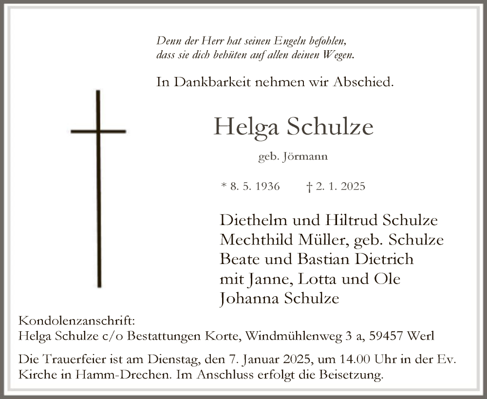  Traueranzeige für Helga Schulze vom 04.01.2025 aus WA