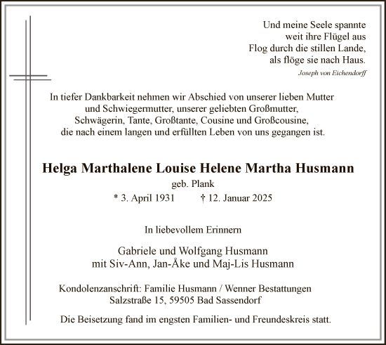 Traueranzeige von Helga Marthalene Louise Helene Martha Husmann von WA
