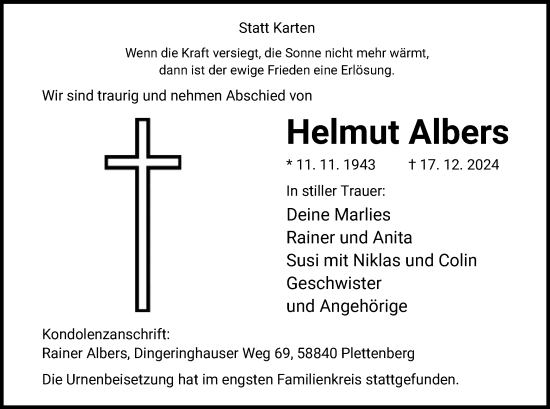 Traueranzeige von Helmut Albers von WA