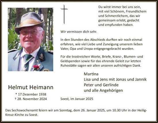 Traueranzeige von Helmut Heimann von WA