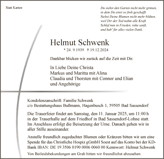 Traueranzeige von Helmut Schwenk von WA