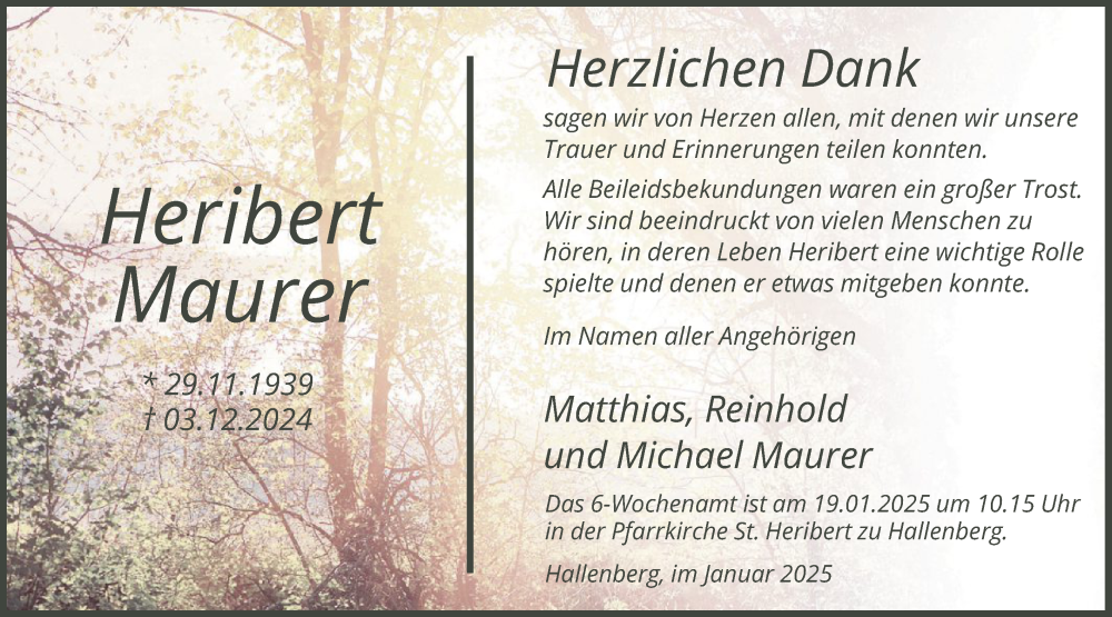  Traueranzeige für Heribert Maurer vom 11.01.2025 aus WA