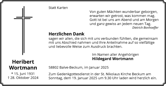 Traueranzeige von Heribert Wortmann von WA
