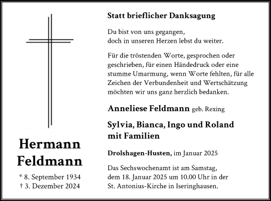Traueranzeige von Hermann Feldmann von WA