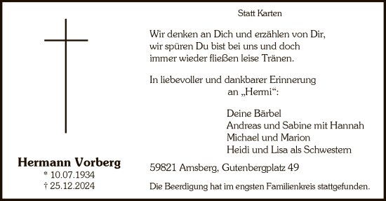 Traueranzeige von Hermann Vorberg von WA