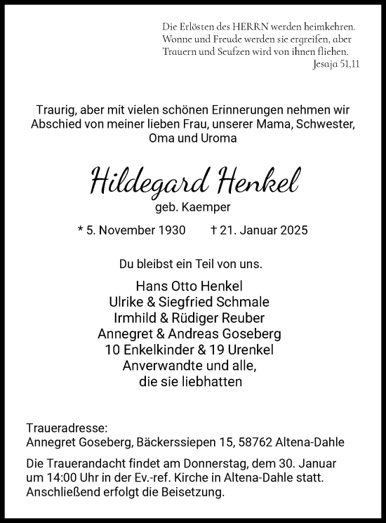 Traueranzeige von Hildegard Henkel von WA