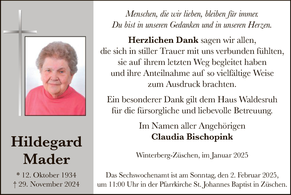  Traueranzeige für Hildegard Mader vom 25.01.2025 aus WA