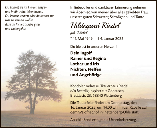 Traueranzeige von Hildegard Riedel von WA