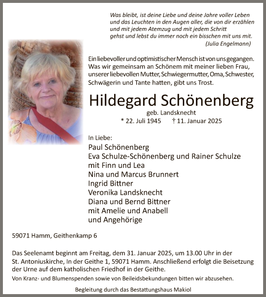 Traueranzeige von Hildegard Schönenberg von WA