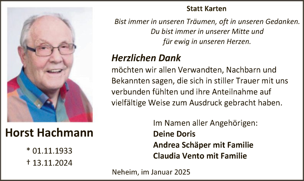 Traueranzeige für Horst Hachmann vom 11.01.2025 aus WA
