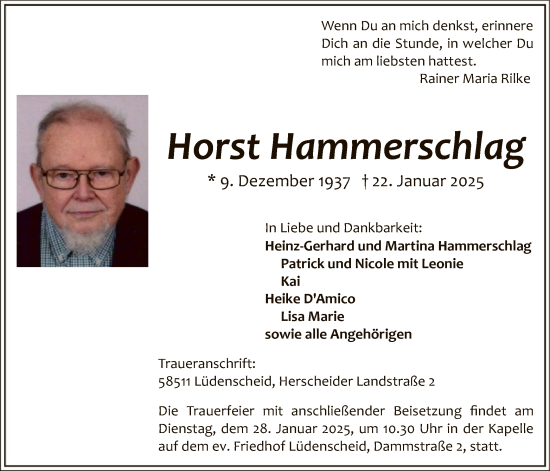 Traueranzeige von Horst Hammerschlag von WA