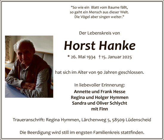 Traueranzeige von Horst Hanke von WA