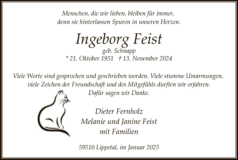  Traueranzeige für Ingeborg Feist vom 08.01.2025 aus WA