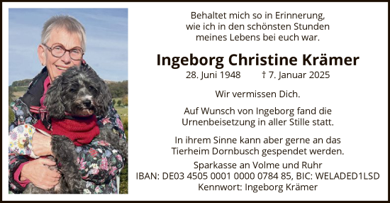Traueranzeige von Ingeborg Christine Krämer von WA