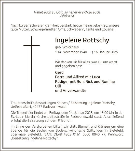 Traueranzeige von Ingelene Rottschy von WA