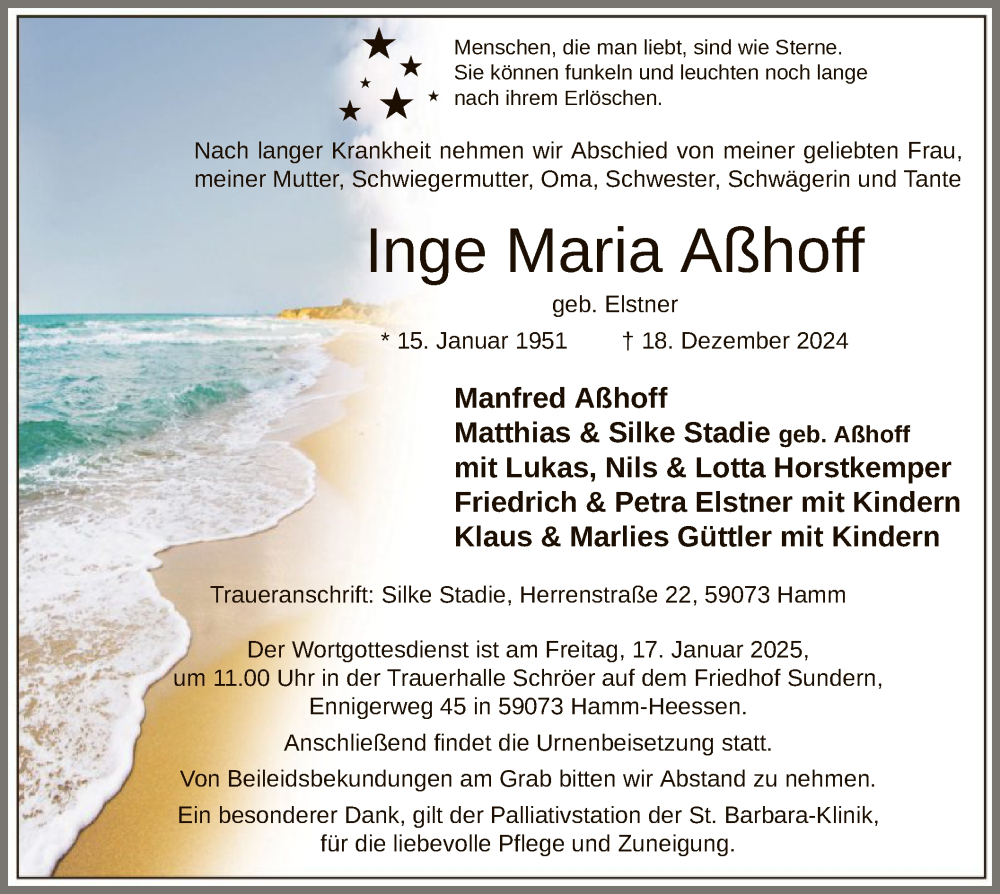  Traueranzeige für Inge Maria Aßhoff vom 11.01.2025 aus WA