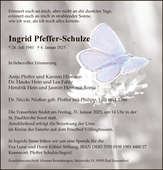 Traueranzeige von Ingrid Pfeffer-Schulze von WA