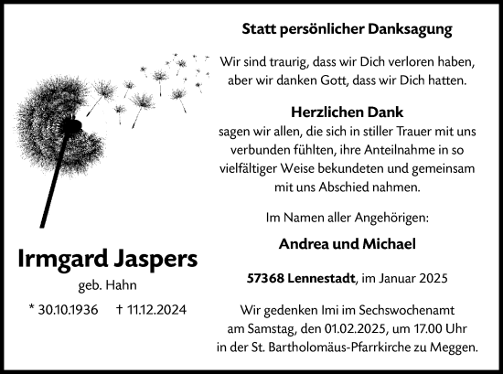 Traueranzeige von Irmgard Jaspers von WA