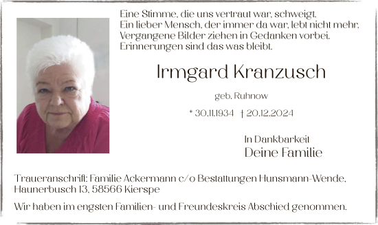 Traueranzeige von Irmgard Kranzusch von WA