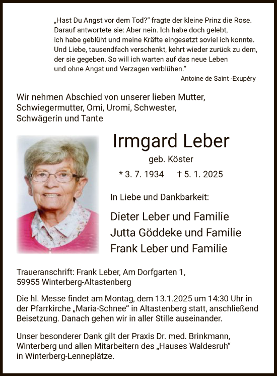 Traueranzeige von Irmgard Leber von WA