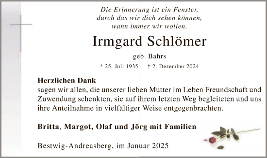 Traueranzeige von Irmgard Schlömer von WA