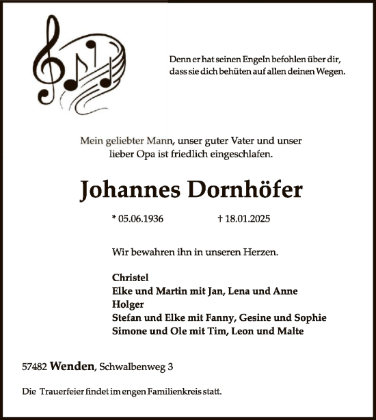 Traueranzeige von Johannes Dornhöfer von WA