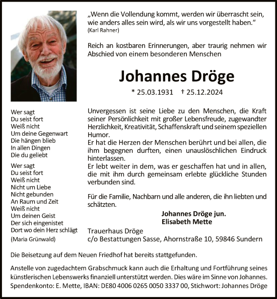 Traueranzeige von Johannes Dröge von WA